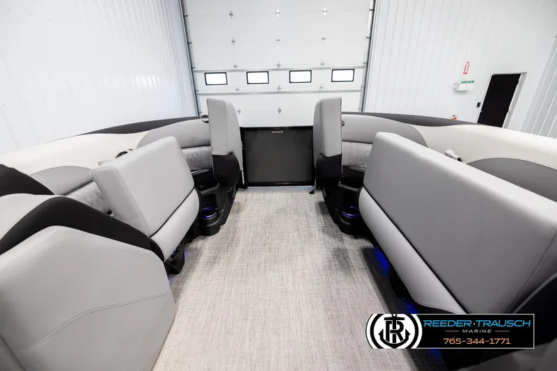 Slide: The Image of Interior of 2026 Avalon LSZ VRB pontoon boat with modern seating and sleek design. - 19