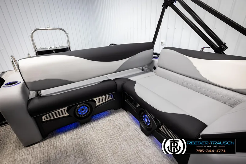 Slide: The Image of Luxurious seating on 2026 Avalon LSZ VRB pontoon boat with modern design and ambient lighting. - 20