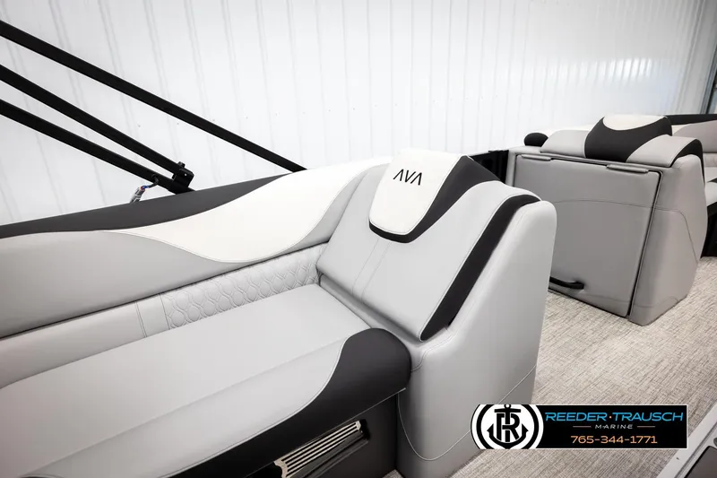 Slide: The Image of Luxurious seating in 2026 Avalon LSZ VRB boat, featuring sleek gray and black design. - 23