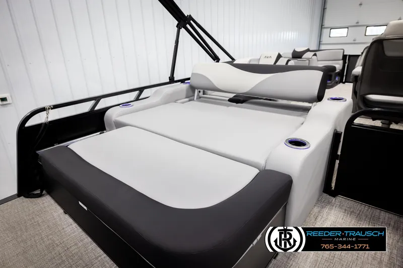 Slide: The Image of 2026 Avalon LSZ VRB boat interior with modern seating and cup holders. - 28