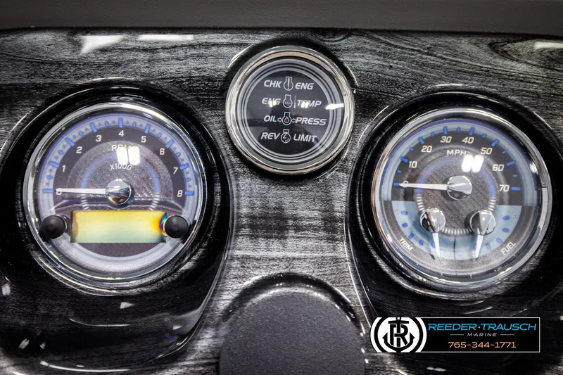 Slide: The Image of Dashboard of 2026 Avalon LSZ VRB with RPM and speed gauges, Reeder-Trausch Marine branding. - 38