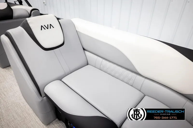 Slide: The Image of Luxurious seating in 2026 Avalon LSZ VRB boat, featuring sleek gray and white upholstery. - 43