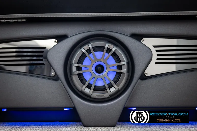 Slide: The Image of 2026 Avalon LSZ VRB speaker system with blue LED lighting, Reeder-Trausch Marine branding. - 45