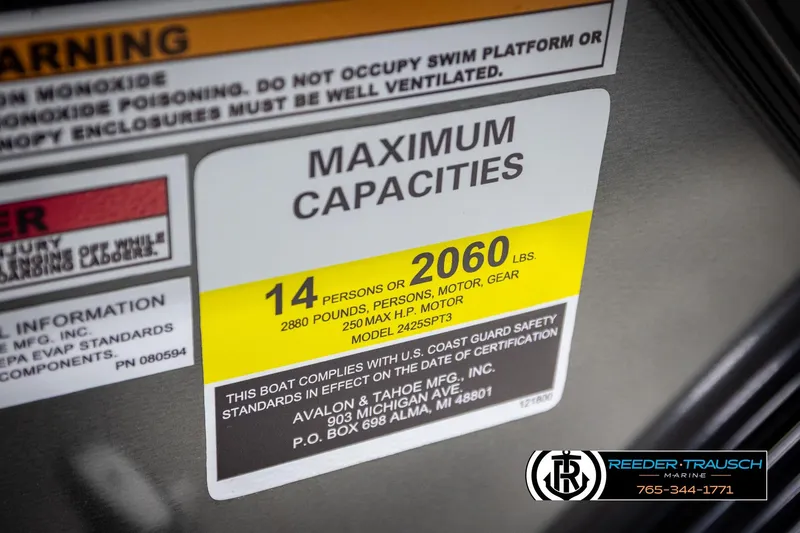 Slide: The Image of 2026 Avalon LSZ VRB capacity label: 14 persons, 2060 lbs, 250 HP motor limit. - 55