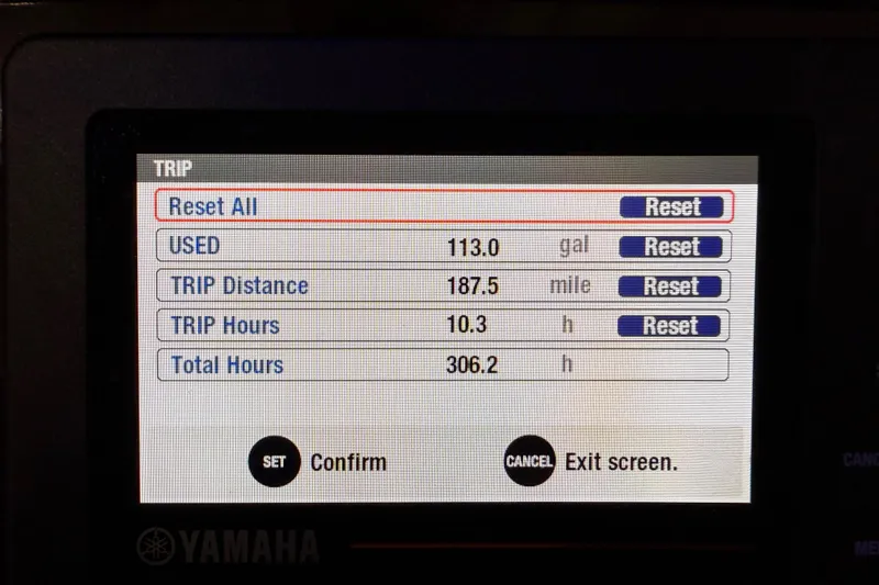Slide: The Image of Yamaha trip display on 2021 Chaparral 280 OSX showing fuel, distance, and hours. - 35