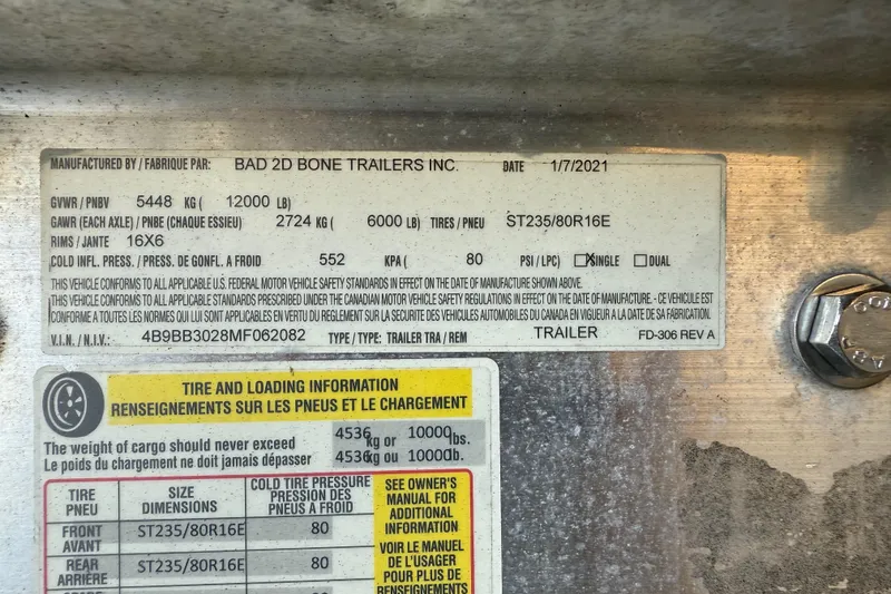 Slide: The Image of Label on trailer by Bad 2D Bone Trailers Inc., dated 1/7/2021, showing specifications. - 46