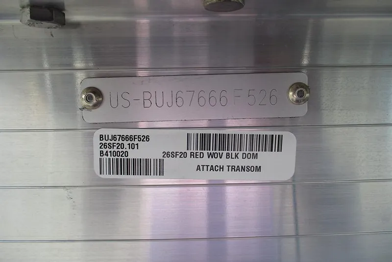 Slide: The Image of Hull identification number on 2026 Sun Tracker SportFish 20 DLX boat transom. - 29