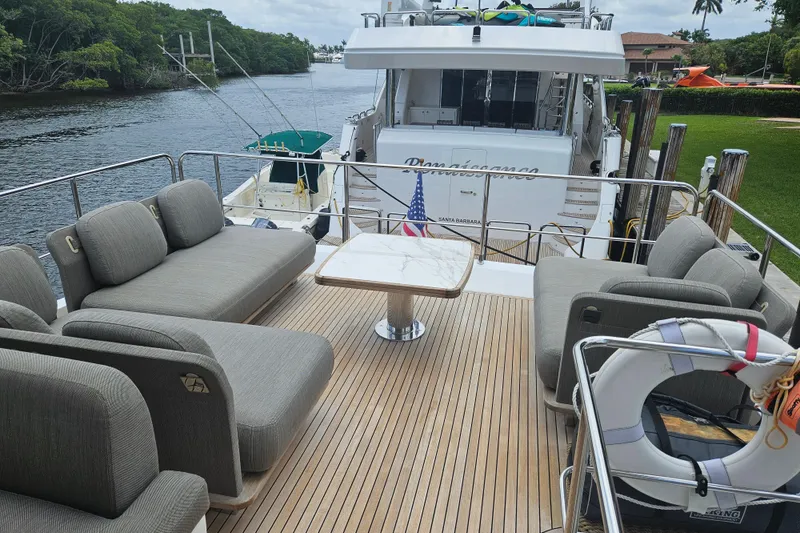 Slide: The Image of Luxurious 2022 Azimut 66 yacht deck with elegant seating and scenic waterfront view. - 13