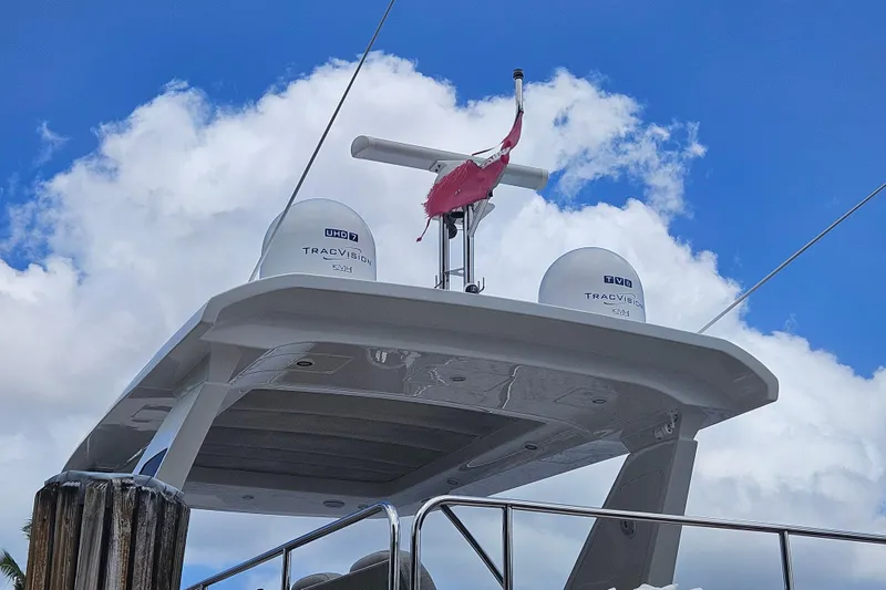 Slide: The Image of Azimut 66 yacht, 2022 model, featuring TracVision satellite domes against a blue sky. - 6