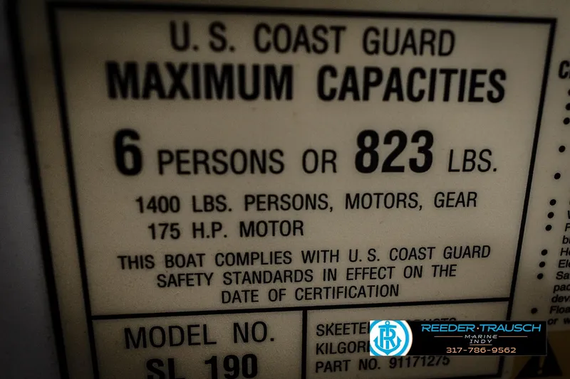 Slide: The Image of 2006 Skeeter SL 190 capacity label, U.S. Coast Guard compliant, 6 persons or 823 lbs. - 52