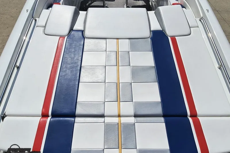 Slide: The Image of 2005 Formula 353 FASTech boat upholstery with red, blue, and white design. - 39