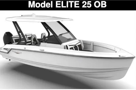 Slide: The Image of 2026 Monterey Elite 25 OB boat displayed indoors with canopy and seating. - 1