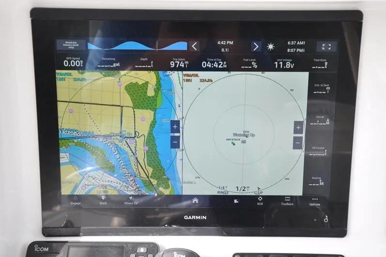 Slide: The Image of Garmin navigation display on 2020 Yellowfin 32 Offshore boat, showing map and data. - 33