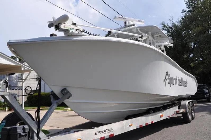 Slide: The Image of 2020 Yellowfin 32 Offshore boat on trailer, ready for transport. - 7