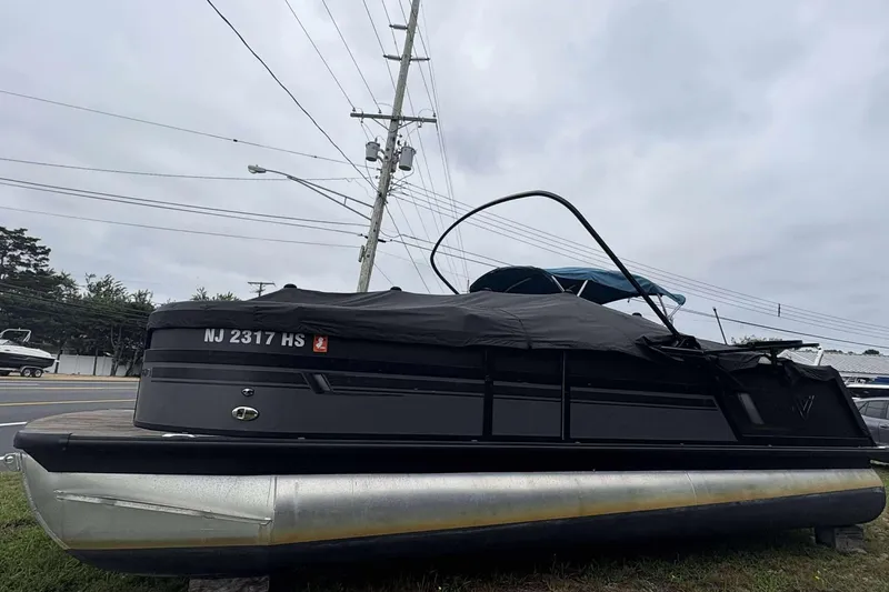 The Image of 2023 Viaggio D23U pontoon boat with cover, parked roadside under cloudy sky. - 1