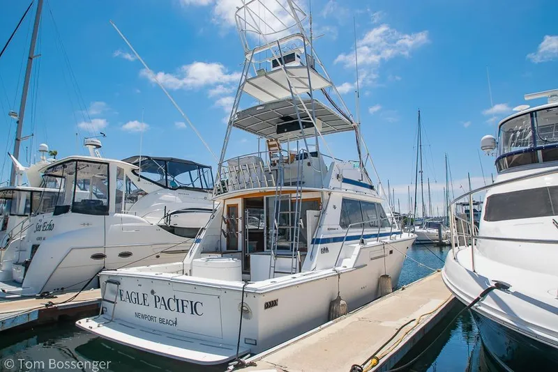 The Image of 1986 Bertram 42 Convertible yacht docked at Newport Beach marina. - 1