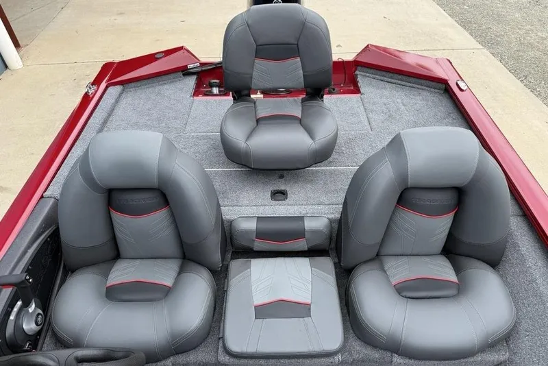 Slide: The Image of 2024 Tracker Pro Team 175 TXW® boat interior with gray and red seating. - 9
