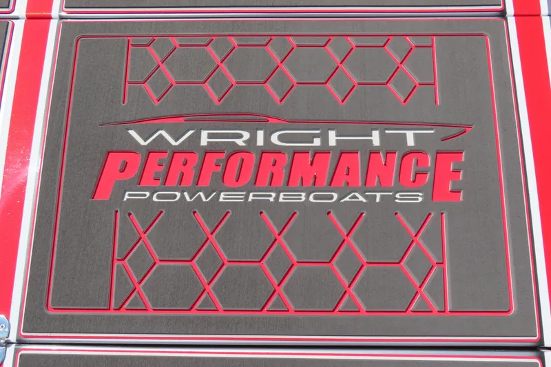 Slide: The Image of Wright Performance Powerboats logo on 2018 model 360 with red and gray design. - 14