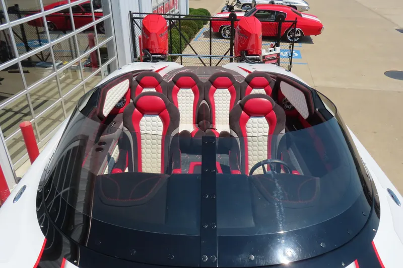 Slide: The Image of 2018 Wright Performance 360 boat with red and white seating, viewed from above. - 15