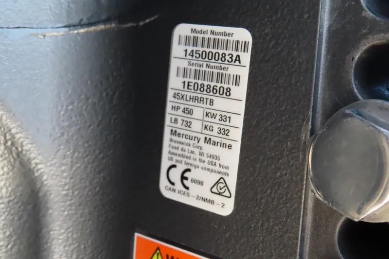 Slide: The Image of Label on Mercury Marine engine, model 14500083A, serial 1E088608, 450 HP, 2018 Wright Performance 360. - 5