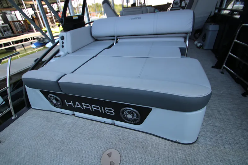 Slide: The Image of 2020 Harris FloteBote Solstice 250 SL boat interior with luxurious seating. - 29
