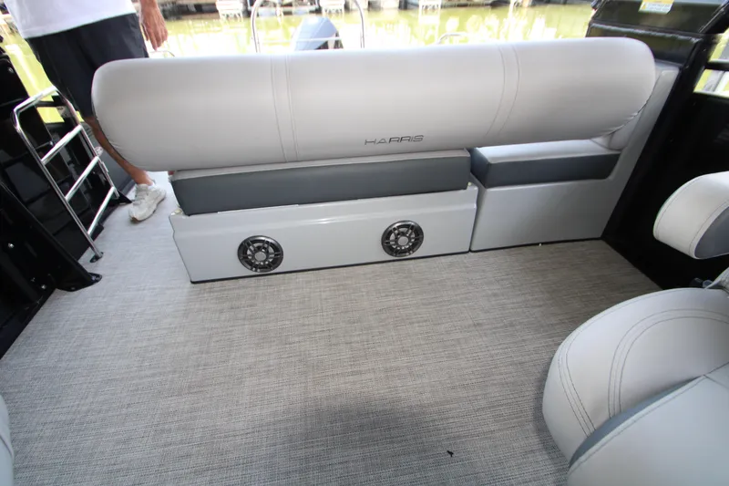 Slide: The Image of 2020 Harris FloteBote Solstice 250 SL interior with gray seating and speaker system. - 30