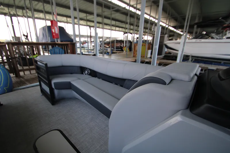 Slide: The Image of 2020 Harris FloteBote Solstice 250 SL pontoon boat interior with gray seating. - 32
