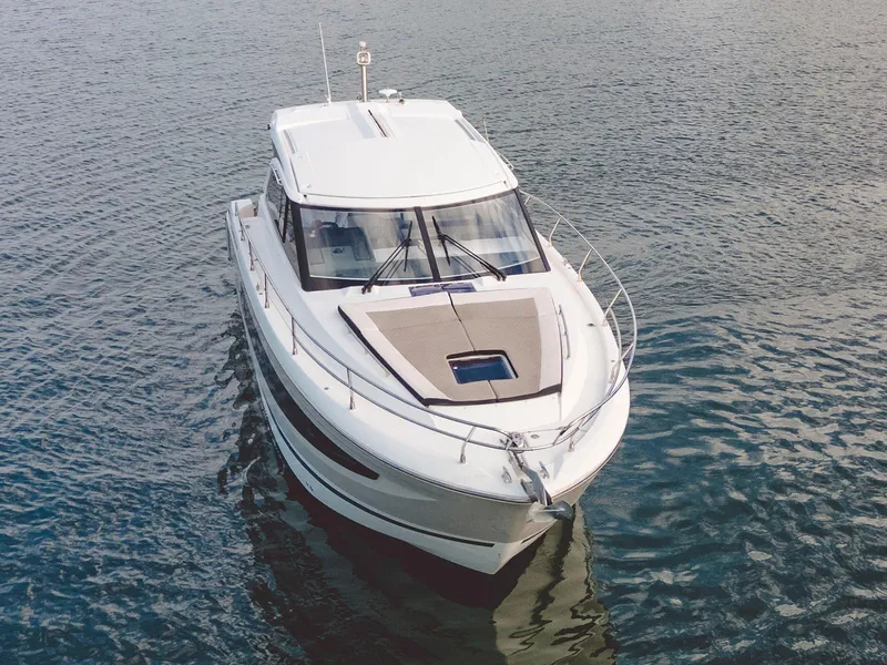 Slide: The Image of 2017 Jeanneau Leader 40 yacht on calm water, aerial view. - 25