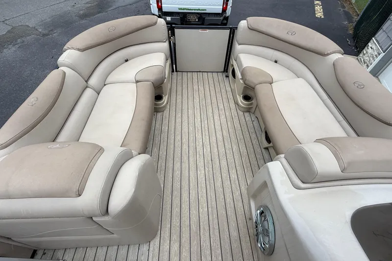Slide: The Image of 2018 Avalon 2385 Catalina Rear Lounger, Tri Toon, high-performance boat interior with plush seating. - 18