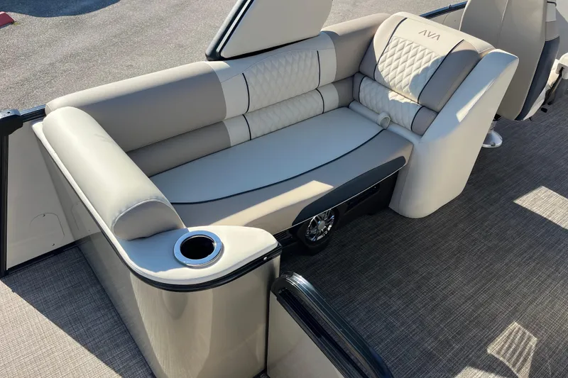 Slide: The Image of Luxurious seating on 2026 Avalon 2385 Catalina Quad Lounger, featuring elegant upholstery and cup holder. - 11