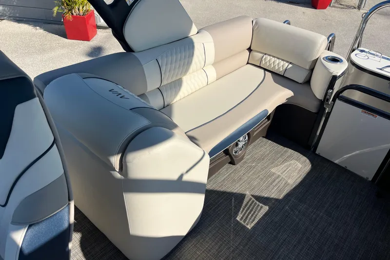 Slide: The Image of Luxurious seating on 2026 Avalon 2385 Catalina Quad Lounger, Tri Toon High Performance boat. - 22