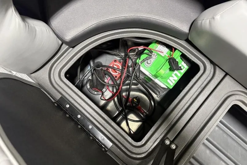 Slide: The Image of Storage compartment with battery and wiring in 2026 Sun Tracker PARTY BARGE® 22 XP3. - 22