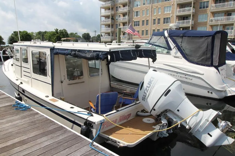Slide: The Image of 2002 Rosborough RF-246 Sedan Cruiser docked, featuring Suzuki outboard motor and blue canopy. - 1