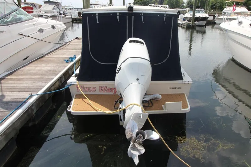 Slide: The Image of 2002 Rosborough RF-246 Sedan Cruiser docked, rear view with outboard motor and blue cover. - 5