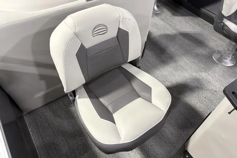 Slide: The Image of 2026 Sun Tracker Fishin' Barge 22 XP3 seat, gray and white upholstery, modern design. - 25