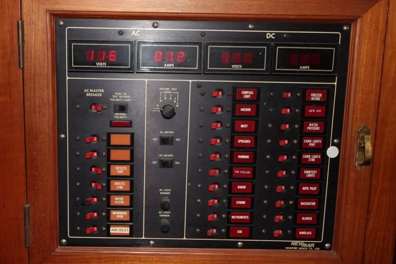 Slide: The Image of Electrical control panel with AC/DC meters and switches, Passport 47, 1985 model. - 21