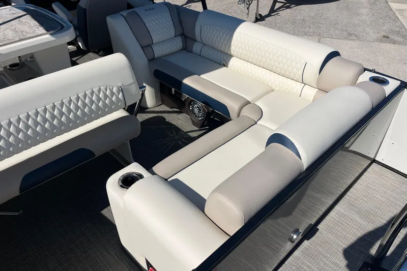 Slide: The Image of Luxurious seating on 2026 Avalon 2785 Catalina Bar Tri Toon boat, featuring premium upholstery. - 10