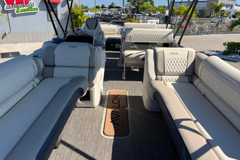 Slide: The Image of Luxurious 2026 Avalon 2785 Catalina Bar boat interior with plush seating and modern design. - 16