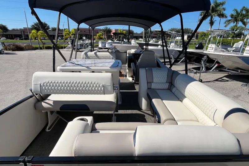 Slide: The Image of 2026 Avalon 2785 Catalina Bar Tri Toon with luxurious seating and Mercury 400hp V-10 engine. - 9