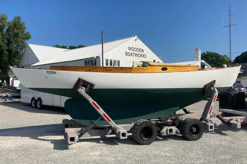 Slide: The Image of 1974 Herreshoff Rozinante sailboat "Tern" at Wooden Boatworks, on trailer for maintenance. - 26