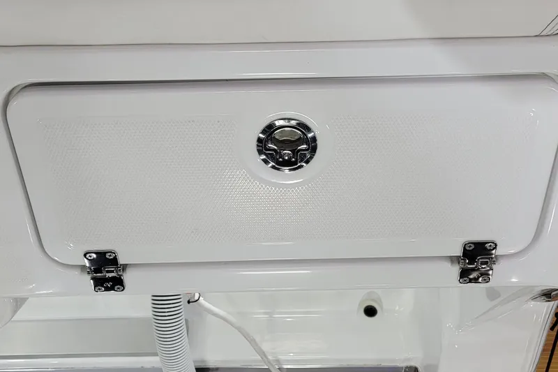 Slide: The Image of HCB 39 FT Speciale 2023 boat compartment with chrome latch and hinges. - 20