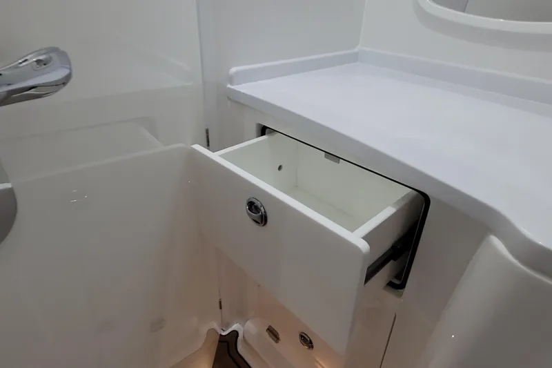 Slide: The Image of 2023 HCB 39 FT Speciale interior with open white storage drawer. - 29