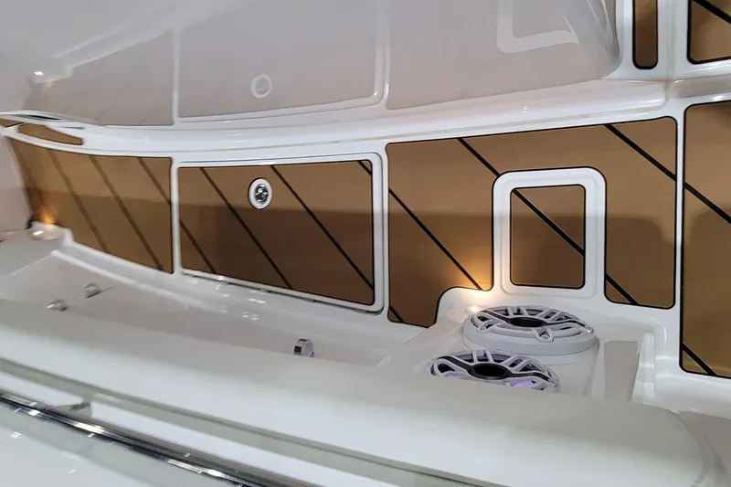 Slide: The Image of Interior view of 2023 HCB 39 FT Speciale boat with sleek design and speakers. - 36