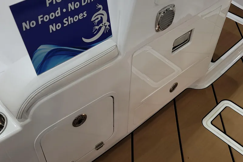 Slide: The Image of 2023 HCB 39 FT Speciale boat interior with no food, drink, or shoes sign. - 43