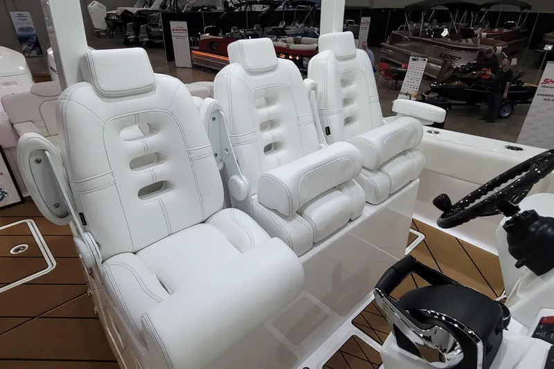 Slide: The Image of Luxurious white seating on 2023 HCB 39 FT Speciale boat interior. - 50