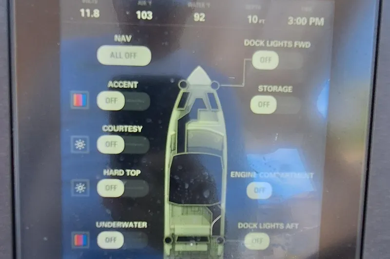 Slide: The Image of Touchscreen control panel of a 2021 Aviara AV32 OB boat, displaying various lighting options. - 27
