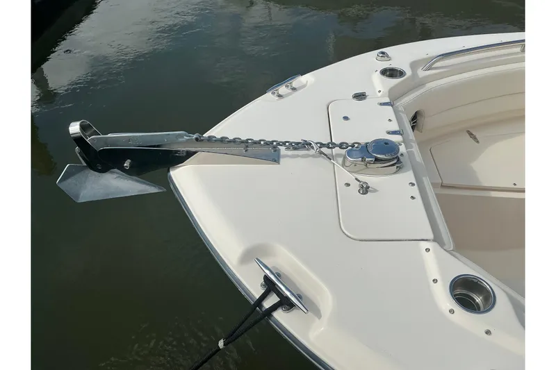 Slide: The Image of 2020 Grady-White Freedom 225 boat anchor system on calm water. - 16