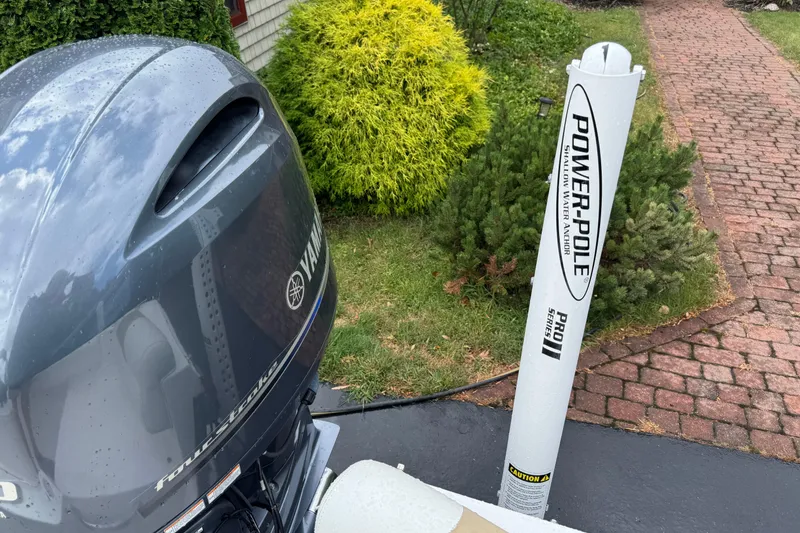 Slide: The Image of 2019 Edgewater 188CC with Yamaha outboard and Power-Pole anchor in a garden setting. - 6