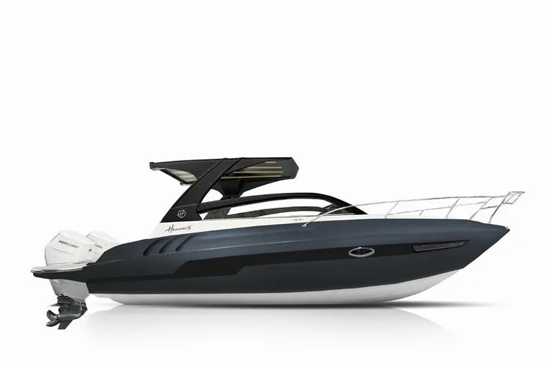 Slide: The Image of 2025 Hanover 305 Gray & Black Edition boat, sleek design, side view. - 5