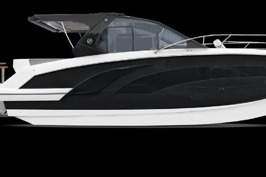 Slide: The Image of 2026 Hanover 387 Tuxedo Luxury Edition boat, sleek design, black and white exterior. - 10